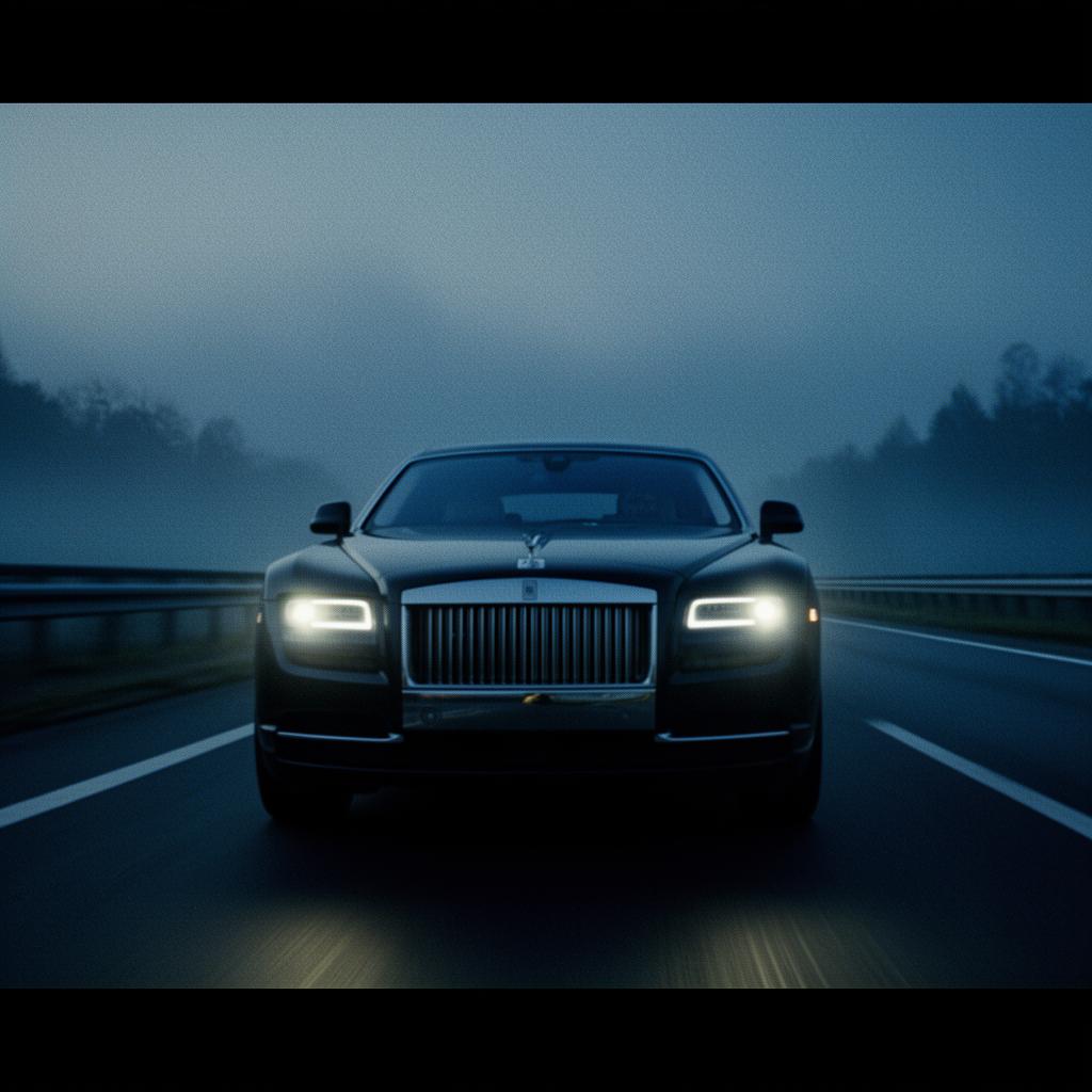 Voiture de luxe roulant dans la brume, plan publicitaire